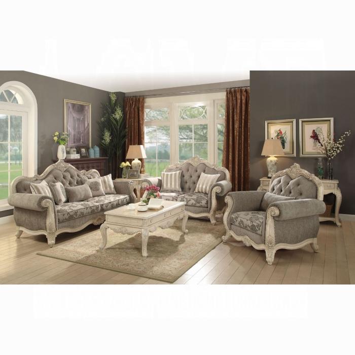 Ragenardus Gray Fabric & Antique White Sofa w/5 Pillows
